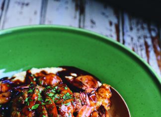 NOLA Style Barbecued Shrimp with Creole Cream Cheese Grits