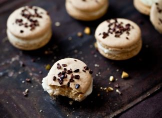 Pistachio – Cocoa Nib Macarons With Bourbon Buttercream