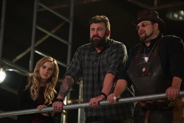 4824A023-6FFA-44D4-9756-A0A280190D78 Ashley Hlebinsky, Zeke Stout, and Trenton Tye watching contestants compete on Master of Arms. Courtesy of Discovery.